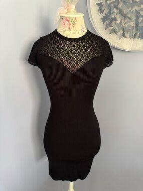 Skies Are Blue Black Short Sleeve Knit Mini Dress with Lace Yoke